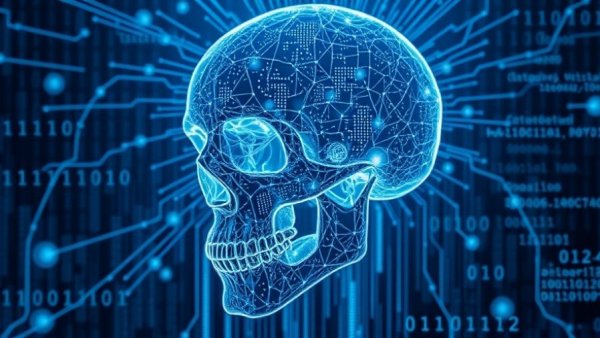 Futuristic digital skull glowing with data streams, AI concept
