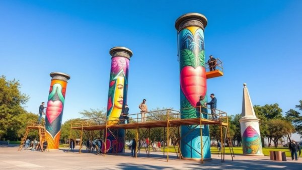 Austin Community Parks Updates: Artists painting colorful murals on columns under bright sunlight.