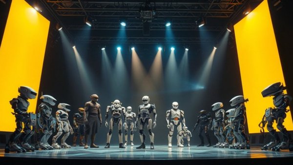 Futuristic display of physical AI robots under spotlight.
