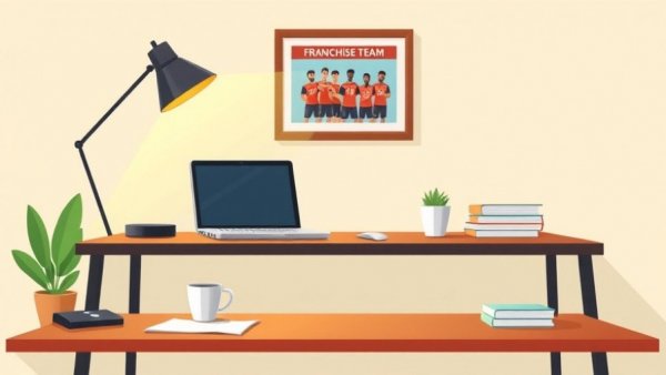 Modern office desk with laptop and franchise picture in cartoon style.