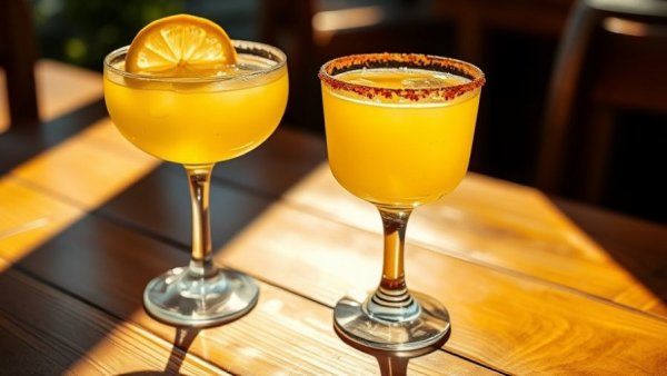 Yellow cocktail on sunlit table at Austin day-drinking bar.