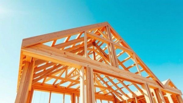 Wooden framework of new Austin real estate construction under blue sky.