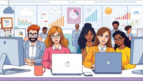 Illustration of cloud-based HR software used by diverse professionals in office.