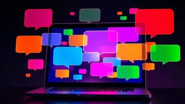 Colorful chat bubbles around a laptop screen representing AI Tools.