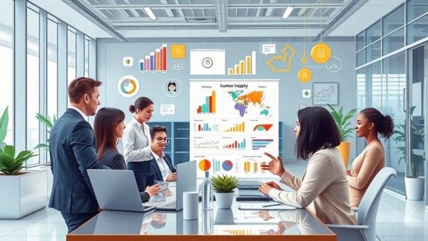 Professionals discussing customer loyalty platform with data charts in office.