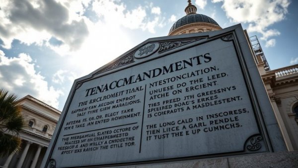 Texas Capitol with Ten Commandments tablet, Texas schools Ten Commandments law.