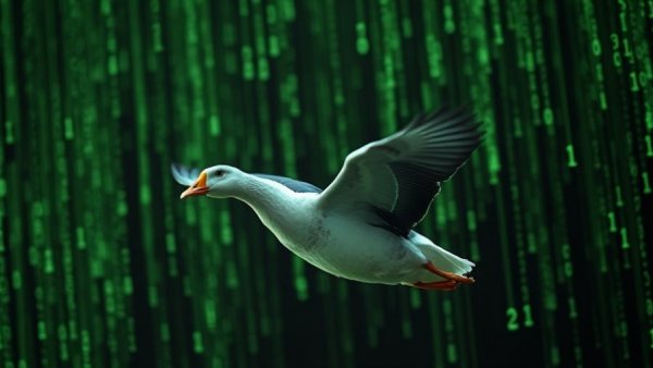Goose made of code flying through green digital rain, symbolizing Free AI Coding Tools.
