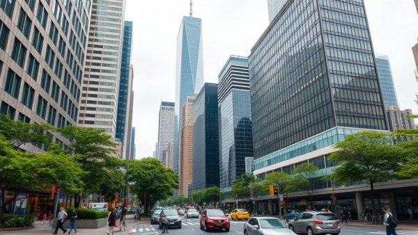 Austin real estate with city skyline and pedestrians.