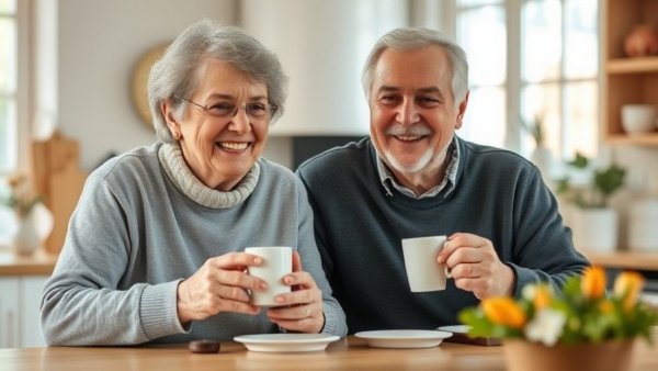 Active adult housing demand in Texas depicted by happy senior couple in kitchen.