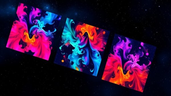 Colorful digital playlist collage floating in dark, cosmic background, showcasing AI Tools in music curation.