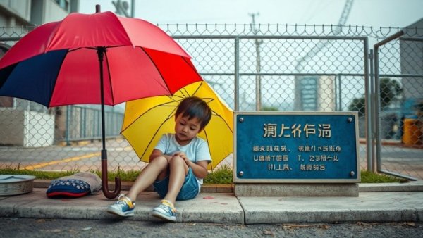 Young girl and boy under umbrellas by border plaque - Tamir Kalifa Art and Music Project