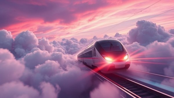 Futuristic train racing through AI-native cloud in vivid purple sky.