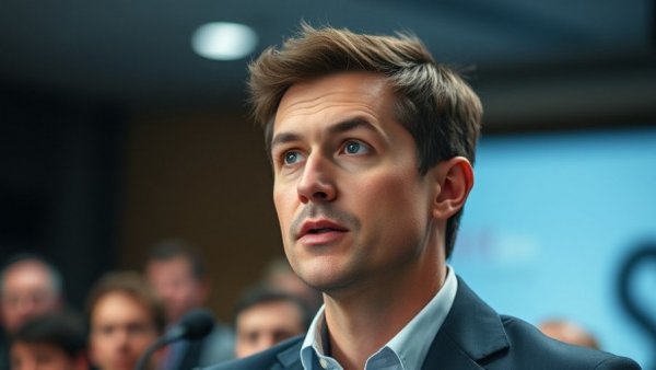 Confident speaker addressing audience in professional setting, AI tools context.