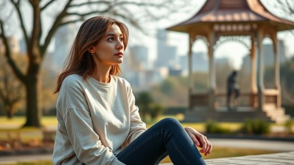 Woman in park reflecting Removal of LGBTQ+ option from 988 hotline.