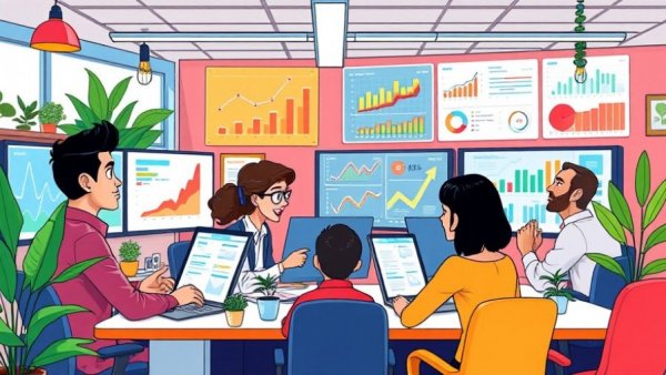 Animated professionals discussing user satisfaction surveys in Texas small business setting.