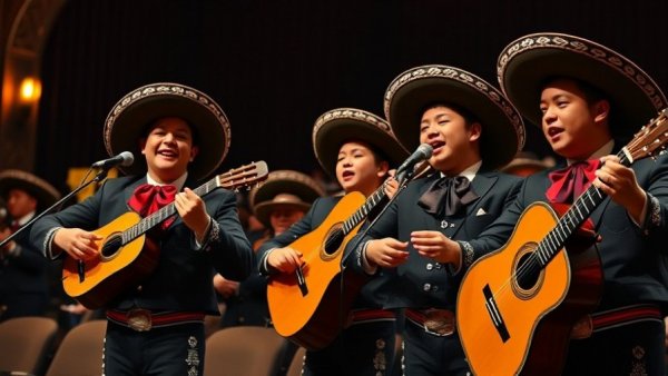 Mariachi group passionately performing on stage in traditional attire.