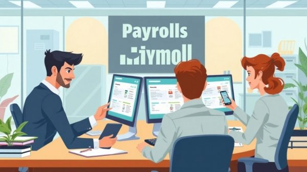 Business owners using Payroll Apps on desktop and mobile in modern office.