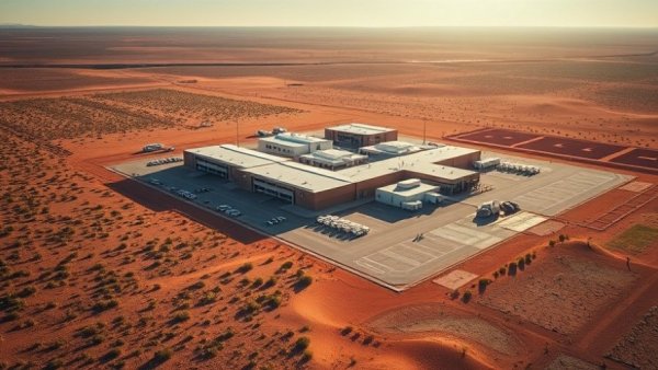 Aerial view of El Paso ICE facility in desert during evening.