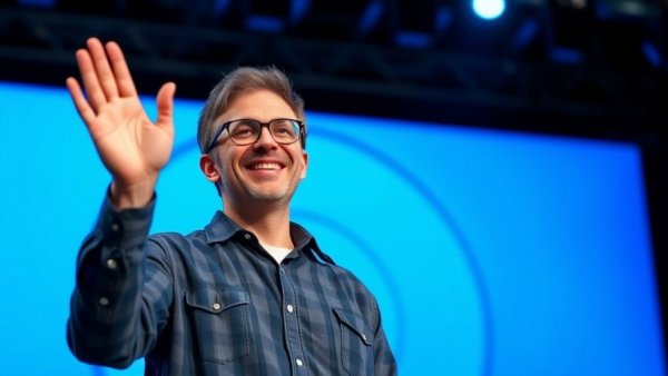 Casual man waving on blue stage, AI Chips for Small Businesses