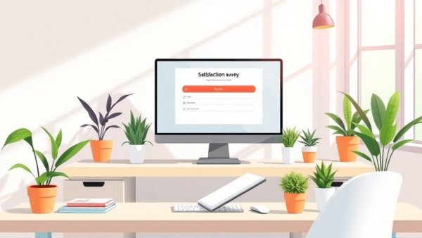 Modern desk showing satisfaction survey template on computer.