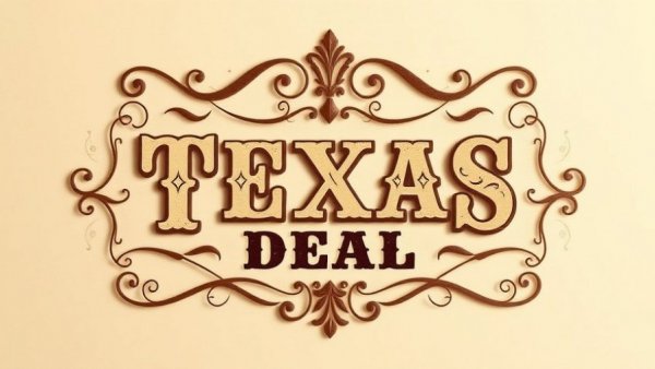 Texas Deal Highlights vintage typography sign, decorative flourishes.