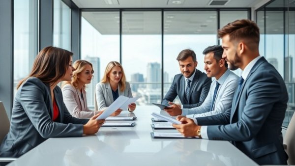 Business professionals discussing recruitment selection procedure in a boardroom.