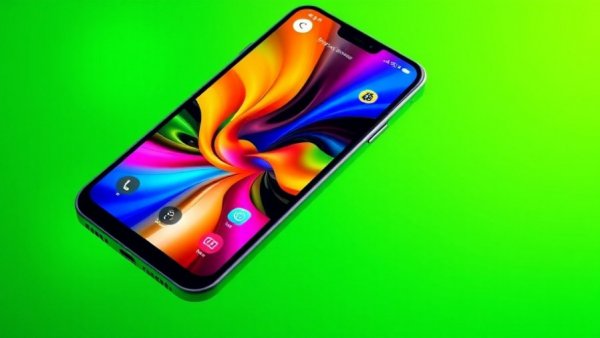 Smartphone with colorful art app interface on vibrant green background.