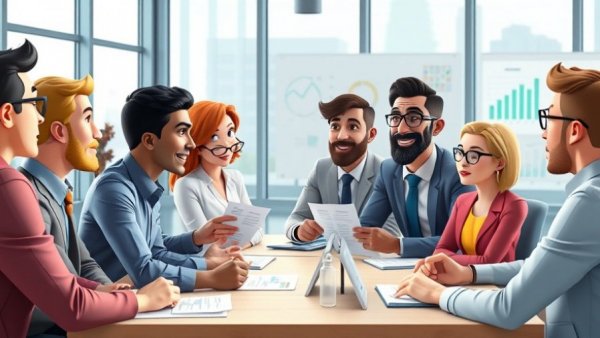 Corporate meeting discussing a sales strategy plan with charts and graphs.