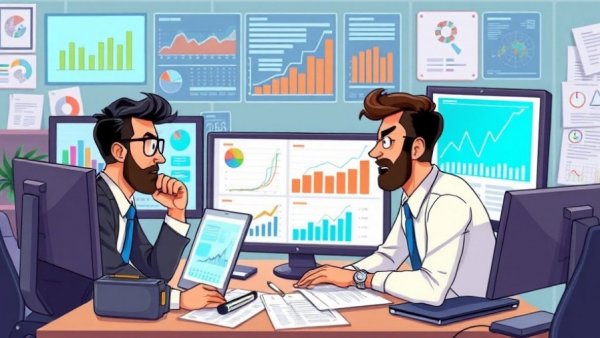 Colorful illustrations of professionals using payroll software in an office.