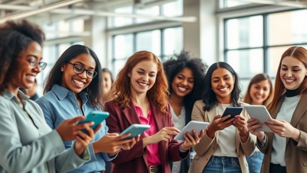 Professionals using devices for online loyalty schemes in a modern office.