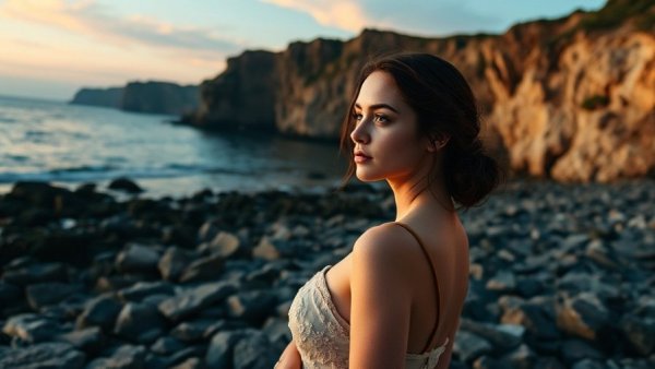 Elegant woman on rocky coast at twilight