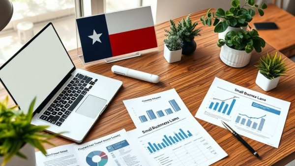 Functional workspace for small business loans in Texas, with documents and charts.