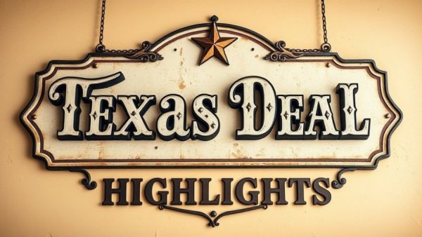 Texas Deal Highlights in a rustic sign style, vintage design.