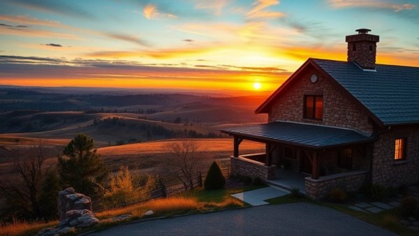 Texas ranch for sale at sunset with stone house and scenic landscape.