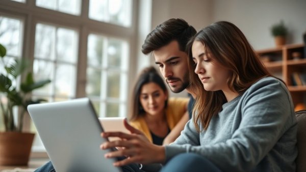 Couple viewing online real estate listings related to Houston Real Estate Market.