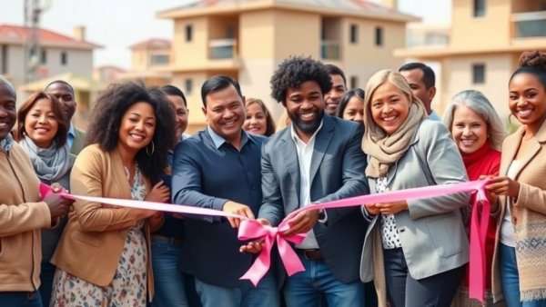 Diverse group celebrating affordable housing for teachers in Austin.