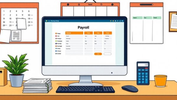 Digital workspace featuring payroll software for Texas small business on a computer screen.