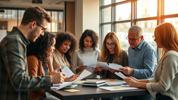 Professionals in sales management training session in modern office.