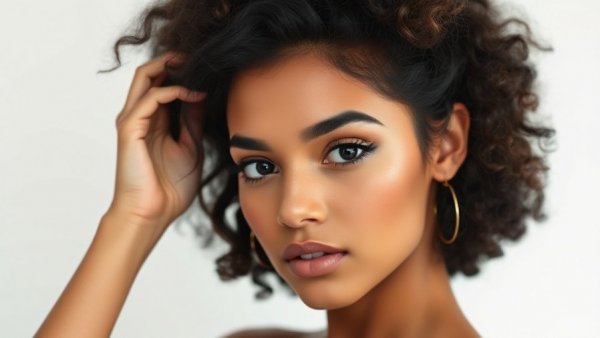 Focused young woman adjusting hair in soft lighting.