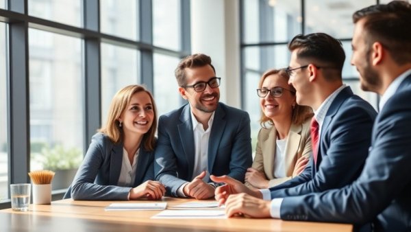 Positive Recruitment Experience: Smiling professionals in office meeting.