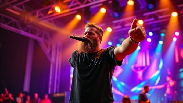 Bearded man pointing on concert stage, 2026 Formula 1 U.S. Grand Prix.