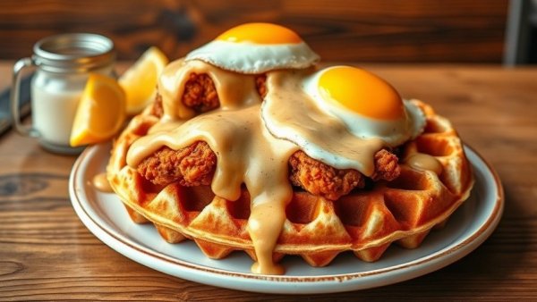 Delicious chicken and waffles brunch in Austin restaurant.