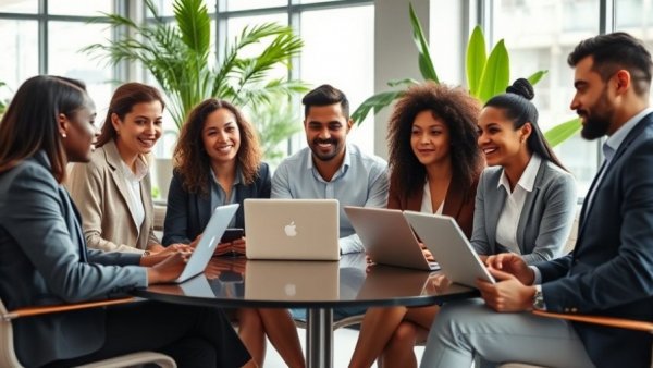 Professionals discussing referral marketing strategies in a modern office.