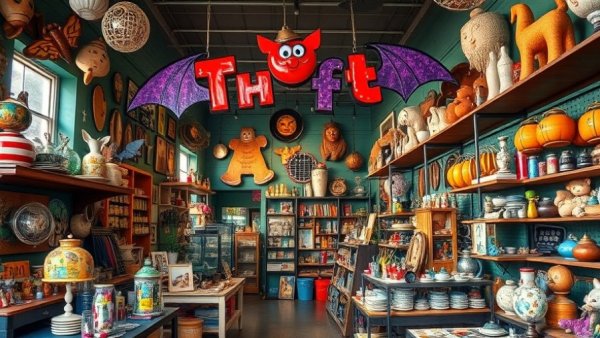 Eclectic Austin community thrift shop interior with collectibles.