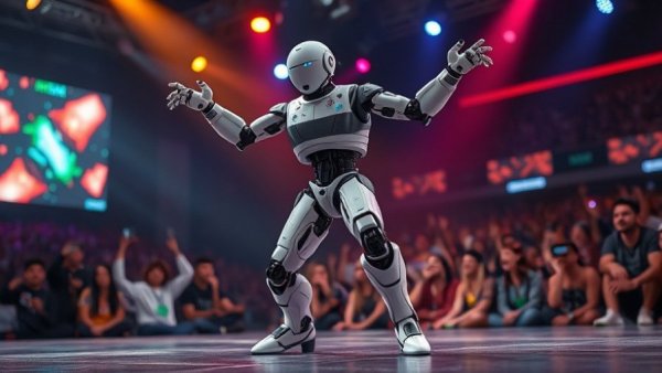 AI Tools robot breakdancing on stage with vibrant lights.