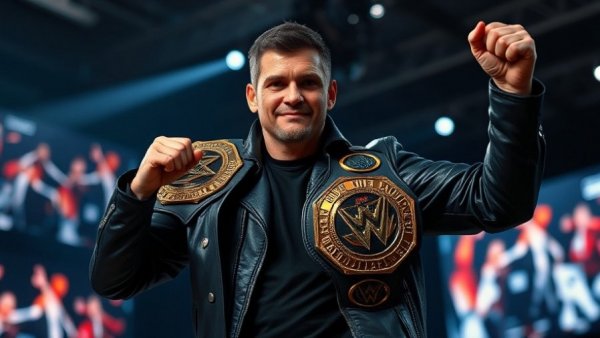 Confident man with championship belt at AI Tools event.