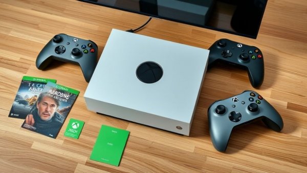 Xbox Series X with controllers and promo codes for business on display.