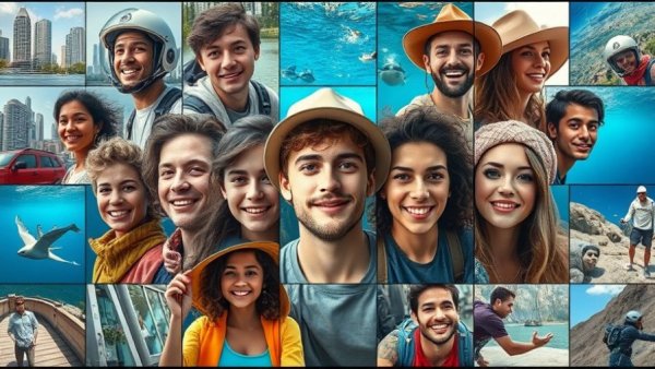 Young adults in dynamic AI-generated scenes, exploring various environments.