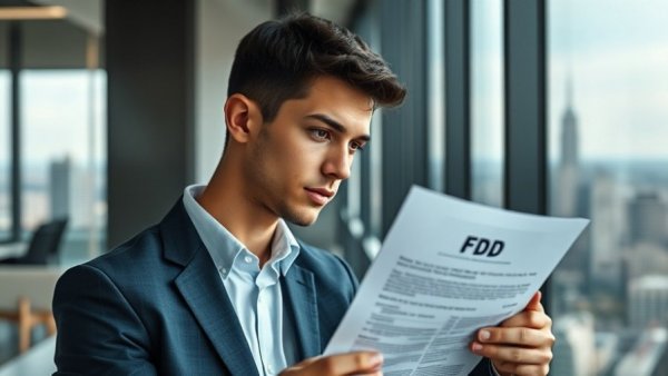 Young professional reviewing FDD document in office, highlighting FDD Franchise Meaning.