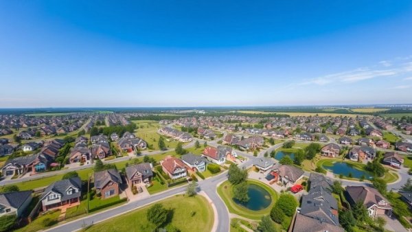 Aerial view of suburban neighborhood in Texas, showcasing local business success with scenic lakes and greenery.